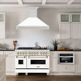 ZLINE Autograph Edition 48" Stainless Steel Range Hood with White Matte Shell and Polished Gold Handle (8654STZ-WM48-G)