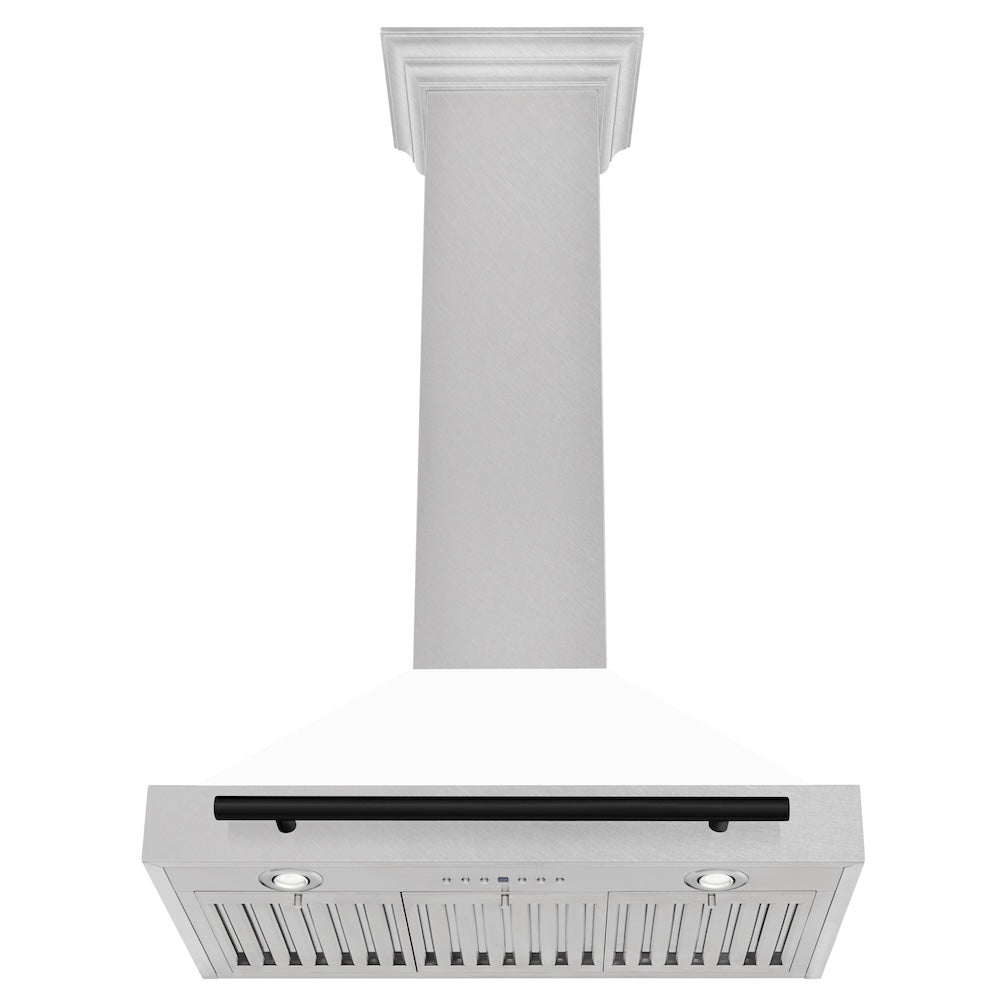 ZLINE 30 in. Autograph Edition Convertible Fingerprint Resistant DuraSnow® Stainless Steel Range Hood with White Matte Shell and Matte Black Handle (KB4SNZ-WM30-MB)