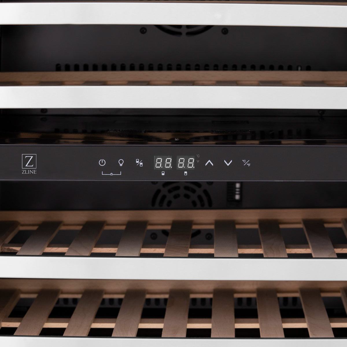 ZLINE 24" Autograph Edition Dual Zone 44-Bottle Wine Cooler in Stainless Steel with Wood Shelf and Polished Gold  Accents (RWVZ-UD-24-G)