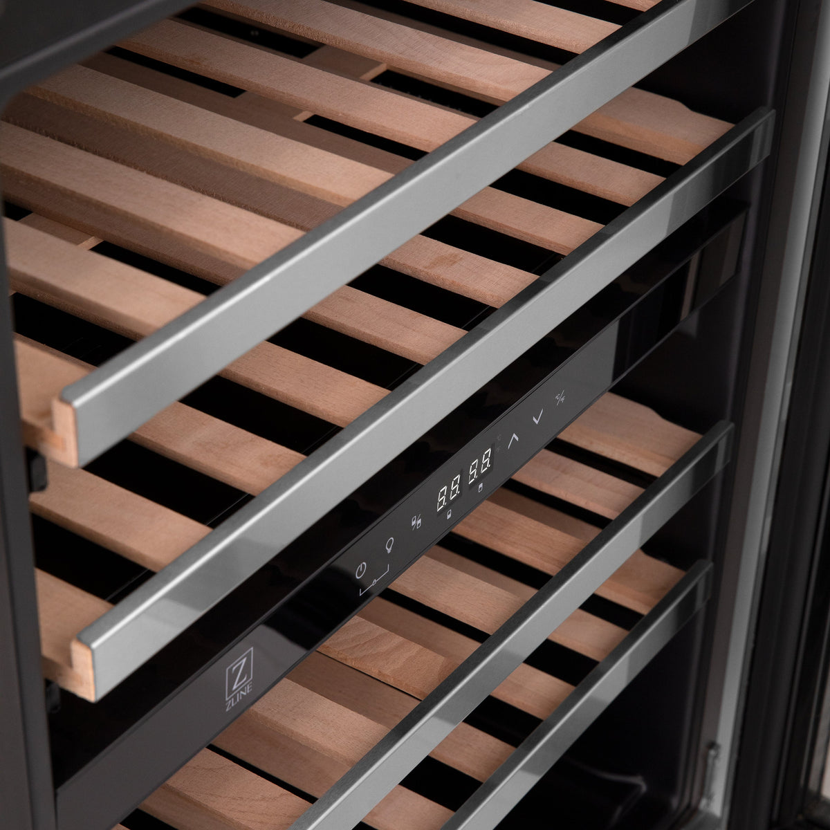 ZLINE 24" Autograph Edition Dual Zone 44-Bottle Wine Cooler in Stainless Steel with Wood Shelf and Polished Gold  Accents (RWVZ-UD-24-G)