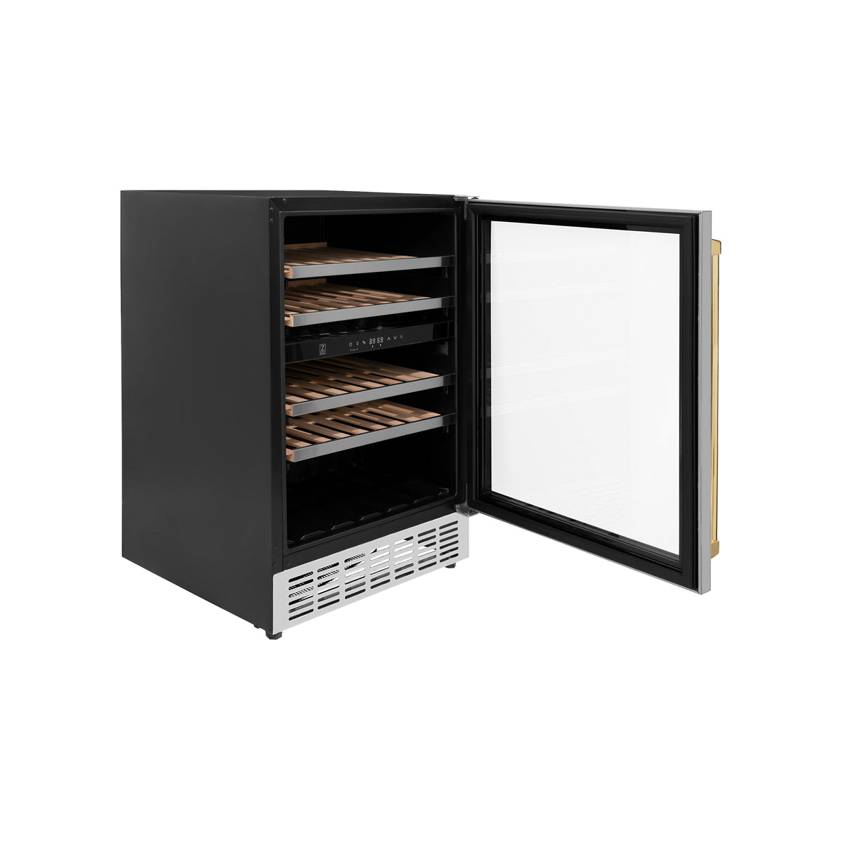 ZLINE 24" Autograph Edition Dual Zone 44-Bottle Wine Cooler in Stainless Steel with Wood Shelf and Polished Gold  Accents (RWVZ-UD-24-G)