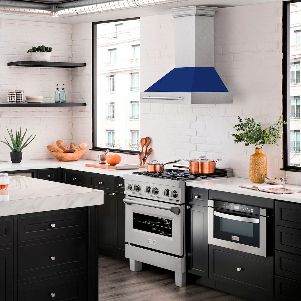 ZLINE 30" Fingerprint Resistant Stainless Steel Range Hood with Blue Gloss Shell (8654SNX-BG30)