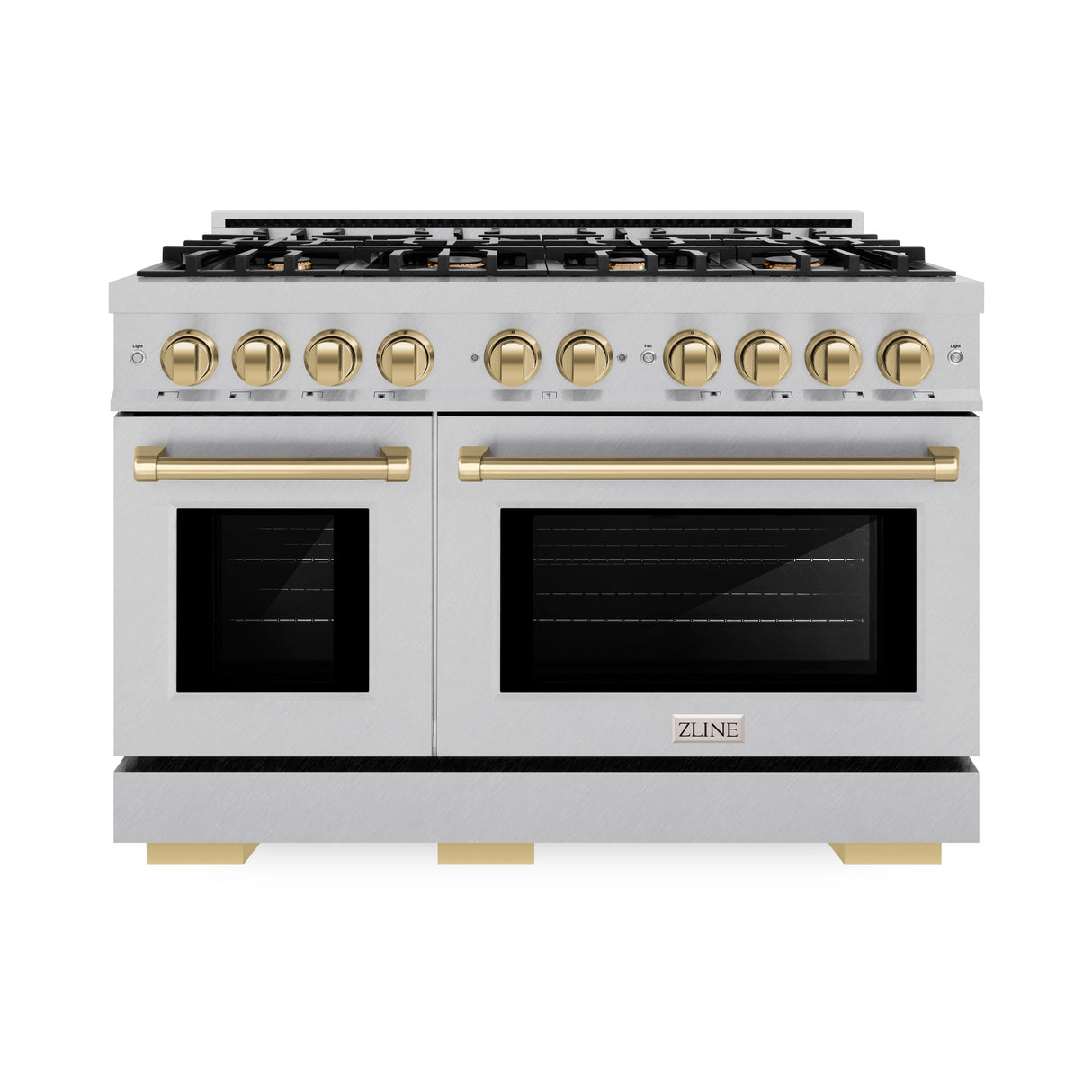 ZLINE Autograph Edition 48 in. 6.7 cu. ft. Select Double Oven Dual Fuel Range with 8 Burner Gas Cooktop in Satin Stainless Steel and Champagne Bronze Accents (HDRSZ-48-CB)