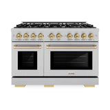 ZLINE Autograph Edition 48 in. 6.7 cu. ft. Select Double Oven Dual Fuel Range with 8 Burner Gas Cooktop in Satin Stainless Steel and Champagne Bronze Accents (HDRSZ-48-CB)