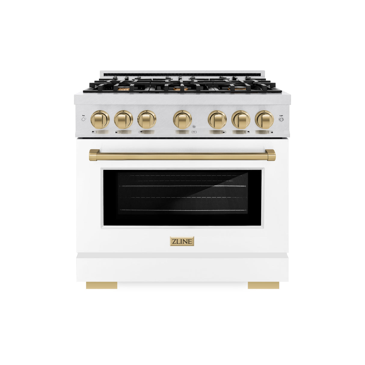 ZLINE Autograph Edition 36 in. 5.2 cu. ft. Select Dual Fuel Range with 6 Burner Gas Cooktop and Electric Convection Oven in Satin Stainless Steel with White Matte Door and Champagne Bronze Accents (HDRSZ-WM-36-CB)