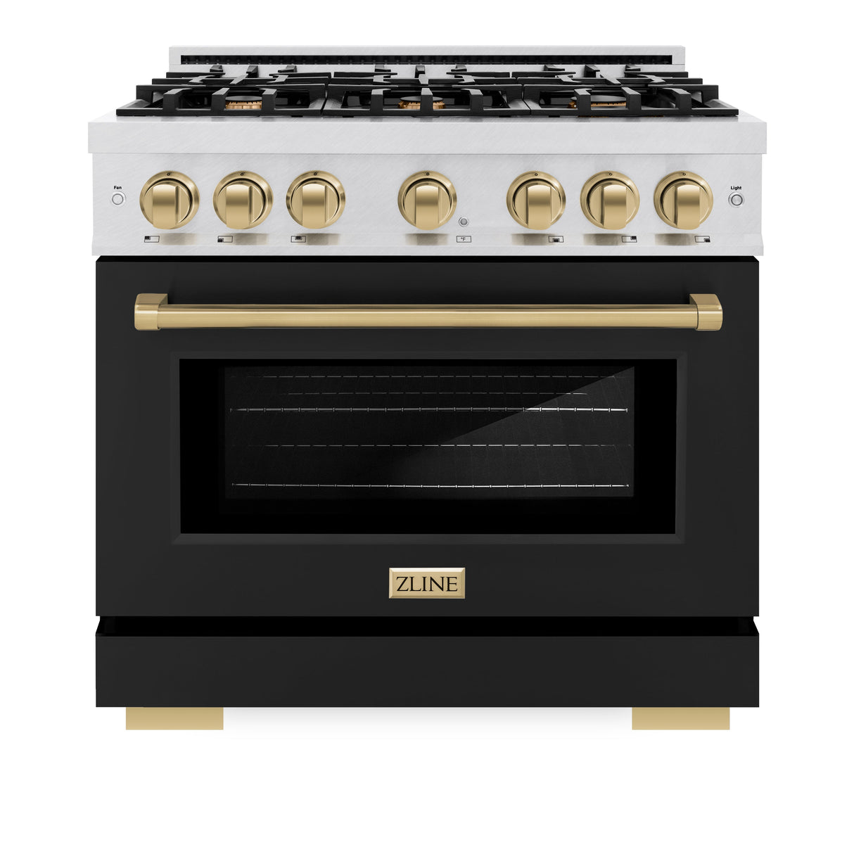 ZLINE Autograph Edition 36 in. 5.2 cu. ft. Select Gas Range with 6 Burner Cooktop and Convection Gas Oven in Satin Stainless Steel with Black Matte Door and Champagne Bronze Accents (HGRSZ-BLM-36-CB)