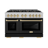 ZLINE Autograph Edition 48 in. 6.7 cu. ft. Select Double Oven Gas Range with 8 Burner Cooktop in Satin Stainless Steel with Black Matte Doors and Champagne Bronze Accents (HGRSZ-BLM-48-CB)