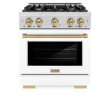 ZLINE Autograph Edition 30 in. 4.2 cu. ft. Select Gas Range with 4 Burner Cooktop and Convection Gas Oven in Satin Stainless Steel with White Matte Door and Champagne Bronze Accents (HGRSZ-WM-30-CB)