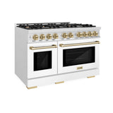 ZLINE Autograph Edition 48 in. 6.7 cu. ft. Select Double Oven Gas Range with 8 Burner Cooktop in Satin Stainless Steel with White Matte Doors and Champagne Bronze Accents (HGRSZ-WM-48-CB)