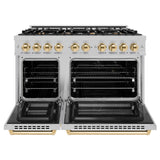 ZLINE Autograph Edition 48 in. 6.7 cu. ft. Select Double Oven Dual Fuel Range with 8 Burner Gas Cooktop in Satin Stainless Steel and Polished Gold Accents (HDRSZ-48-G)
