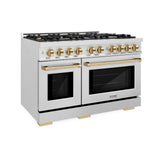 ZLINE Autograph Edition 48 in. 6.7 cu. ft. Select Double Oven Dual Fuel Range with 8 Burner Gas Cooktop in Satin Stainless Steel and Polished Gold Accents (HDRSZ-48-G)