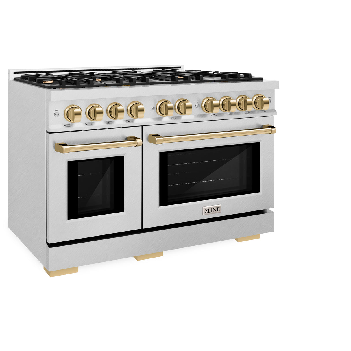 ZLINE Autograph Edition 48 in. 6.7 cu. ft. Select Double Oven Dual Fuel Range with 8 Burner Gas Cooktop in Satin Stainless Steel and Polished Gold Accents (HDRSZ-48-G)