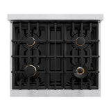 ZLINE Autograph Edition 30 in. 4.2 cu. ft. Select Dual Fuel Range with 4 Burner Gas Cooktop and Electric Convection Oven in Satin Stainless Steel with White Matte Door and Polished Gold Accents (HDRSZ-WM-30-G)