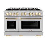 ZLINE Autograph Edition 48 in. 6.7 cu. ft. Select Double Oven Gas Range with 8 Burner Cooktop in Satin Stainless Steel and Polished Gold Accents (HGRSZ-48-G)