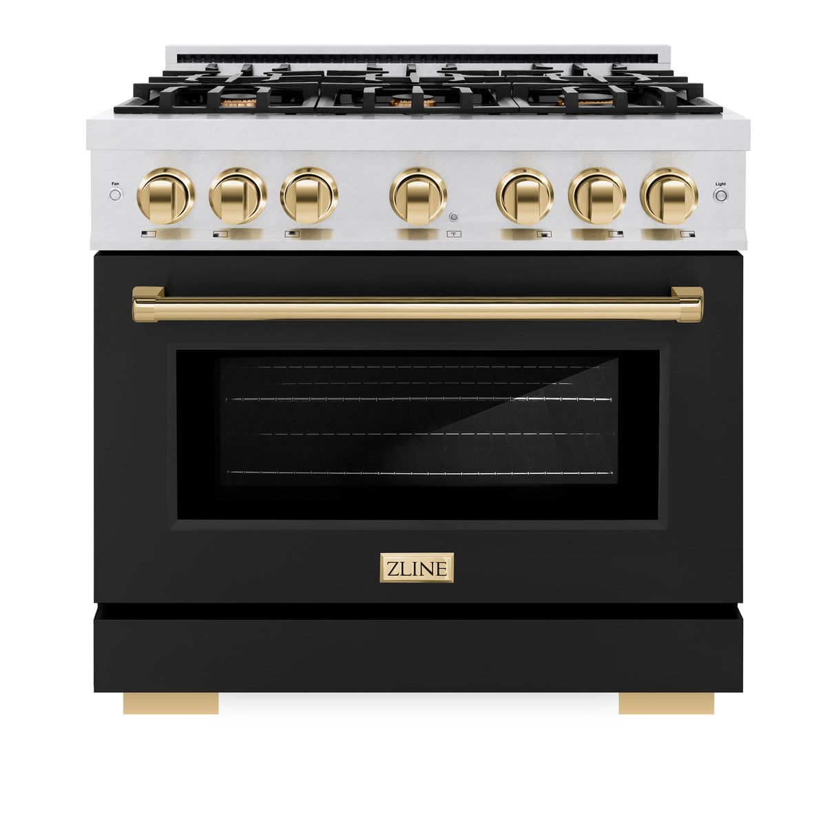 ZLINE Autograph Edition 36 in. 5.2 cu. ft. Select Gas Range with 6 Burner Cooktop and Convection Gas Oven in Satin Stainless Steel with Black Matte Door and Polished Gold Accents (HGRSZ-BLM-36-G)