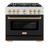 ZLINE Autograph Edition 36 in. 5.2 cu. ft. Select Gas Range with 6 Burner Cooktop and Convection Gas Oven in Satin Stainless Steel with Black Matte Door and Polished Gold Accents (HGRSZ-BLM-36-G)