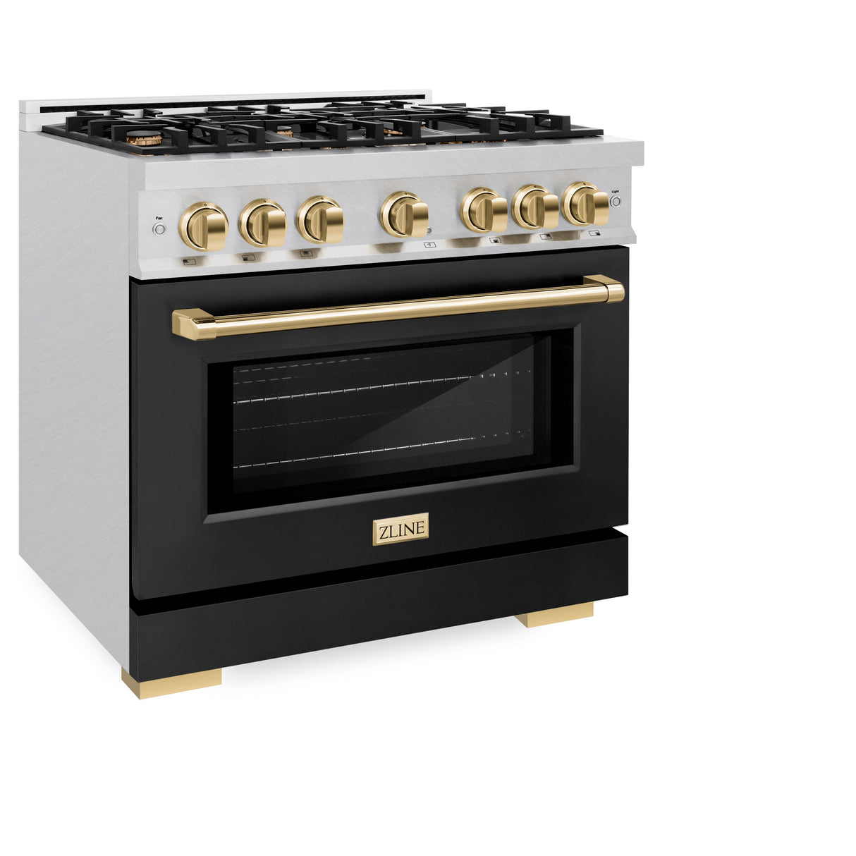 ZLINE Autograph Edition 36 in. 5.2 cu. ft. Select Gas Range with 6 Burner Cooktop and Convection Gas Oven in Satin Stainless Steel with Black Matte Door and Polished Gold Accents (HGRSZ-BLM-36-G)