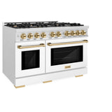ZLINE Autograph Edition 48 in. 6.7 cu. ft. Select Double Oven Gas Range with 8 Burner Cooktop in Satin Stainless Steel with White Matte Doors and Polished Gold Accents (HGRSZ-WM-48-G)