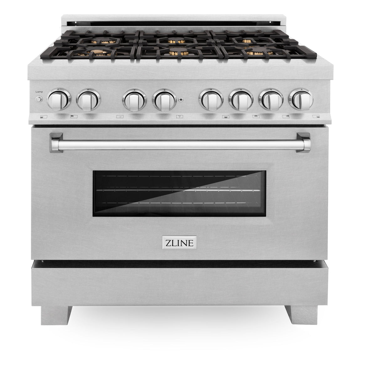 ZLINE 36 in. 4.6 cu. ft. Legacy Dual Fuel Range with Gas Cooktop and Electric Convection Oven in Satin Stainless Steel with 6 Brass Burners and Griddle (RAS-SN-BR-GR-36)