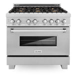 ZLINE 36 in. 4.6 cu. ft. Legacy Dual Fuel Range with Gas Cooktop and Electric Convection Oven in Satin Stainless Steel with 6 Brass Burners and Griddle (RAS-SN-BR-GR-36)