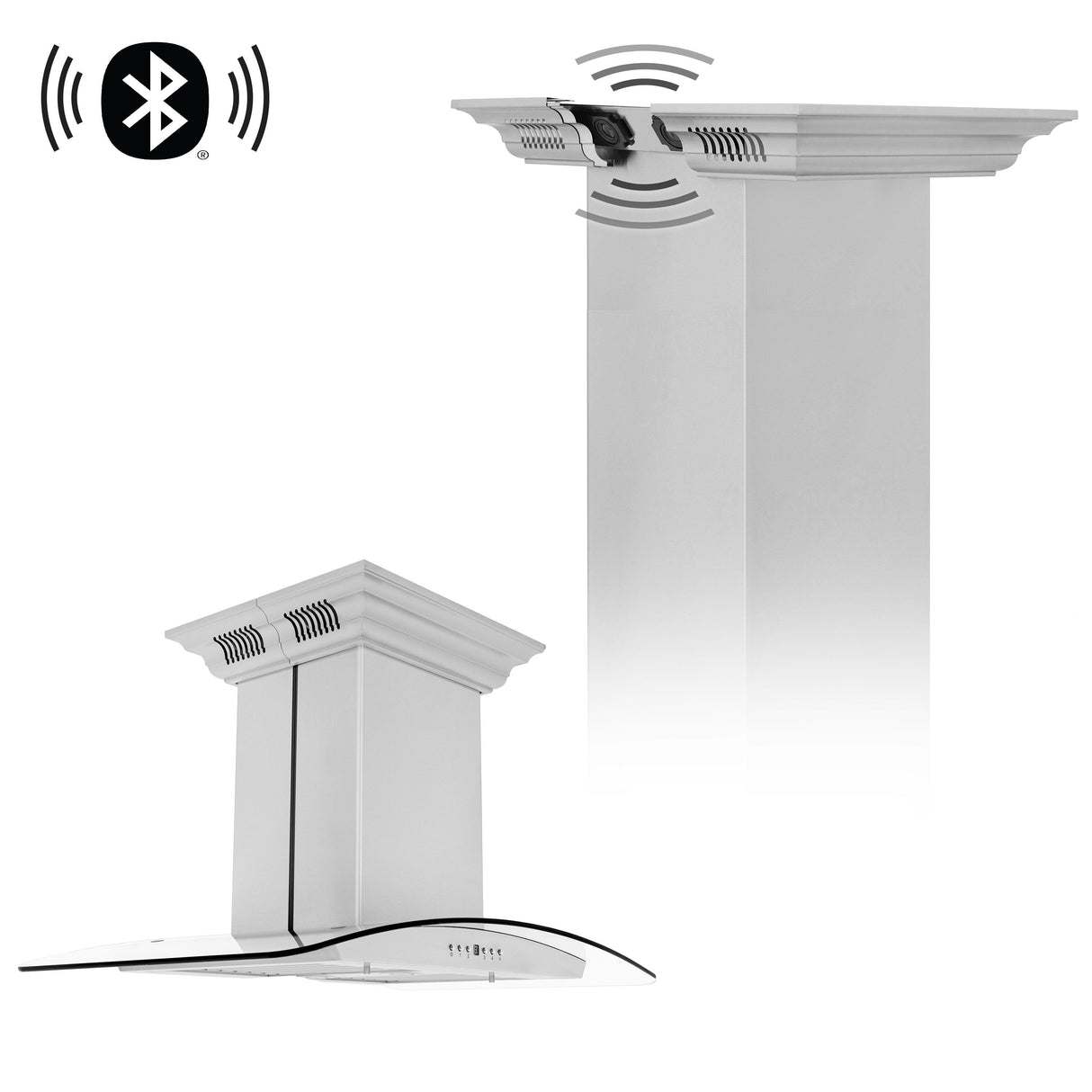 36" ZLINE CrownSound™Ducted Vent Island Mount Range Hood in Stainless Steel with Built-in Bluetooth Speakers (GL5iCRN-BT-36)