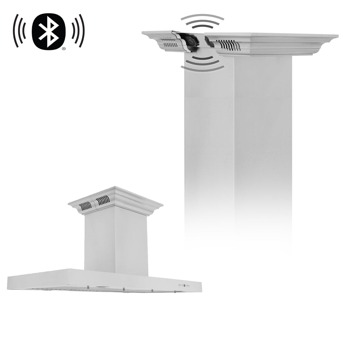 42" ZLINE CrownSound™Ducted Vent Island Mount Range Hood in Stainless Steel with Built-in Bluetooth Speakers (KE2iCRN-BT-42)