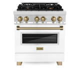 ZLINE Autograph Edition 30 in. 4.0 cu. ft. Legacy Dual Fuel Range with 4 Burner Gas Cooktop and Electric Convection Oven in Stainless Steel with White Matte Door and Champagne Bronze Accents (RAZ-WM-30-CB)