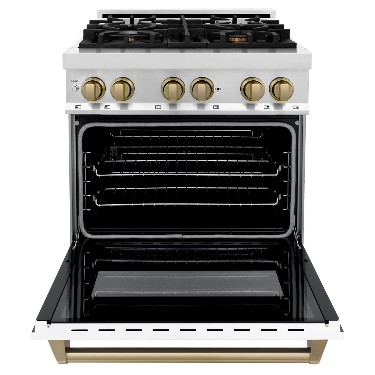 ZLINE Autograph Edition 30 in. 4.0 cu. ft. Legacy Dual Fuel Range with 4 Burner Gas Cooktop and Electric Convection Oven in Stainless Steel with White Matte Door and Champagne Bronze Accents (RAZ-WM-30-CB)