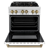 ZLINE Autograph Edition 30 in. 4.0 cu. ft. Legacy Dual Fuel Range with 4 Burner Gas Cooktop and Electric Convection Oven in Stainless Steel with White Matte Door and Champagne Bronze Accents (RAZ-WM-30-CB)
