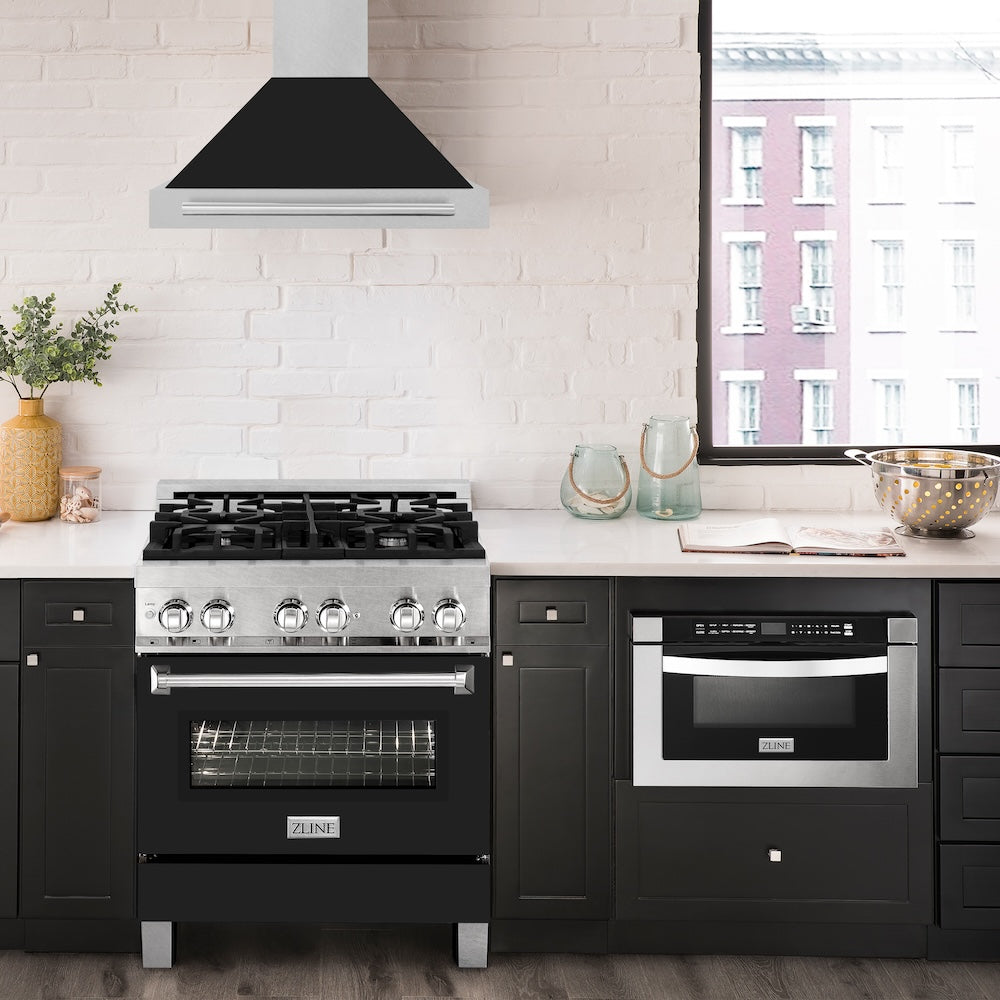 ZLINE 30 in. Convertible Fingerprint Resistant DuraSnow® Stainless Steel Range Hood with Black Matte Shell and Stainless Steel Handle (KB4SNX-BLM-30)