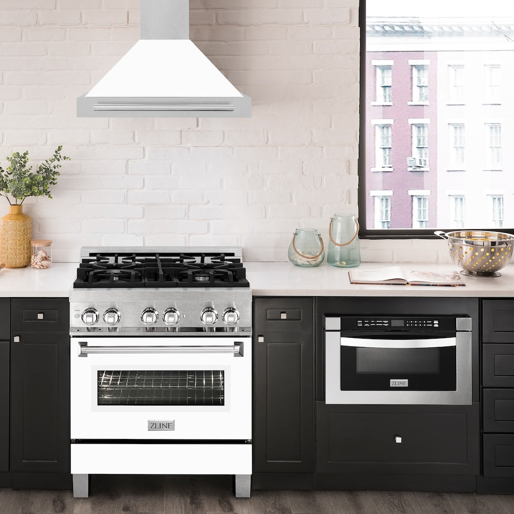 ZLINE 30 in. Convertible Fingerprint Resistant DuraSnow® Stainless Steel Range Hood with White Matte Shell and Stainless Steel Handle (KB4SNX-WM-30)