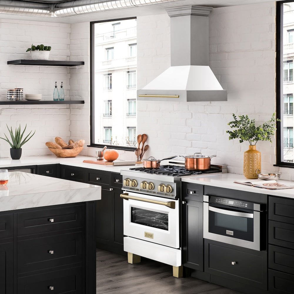ZLINE Autograph Edition 30" Stainless Steel Range Hood with White Matte Shell and Polished Gold Handle (8654STZ-WM30-G)