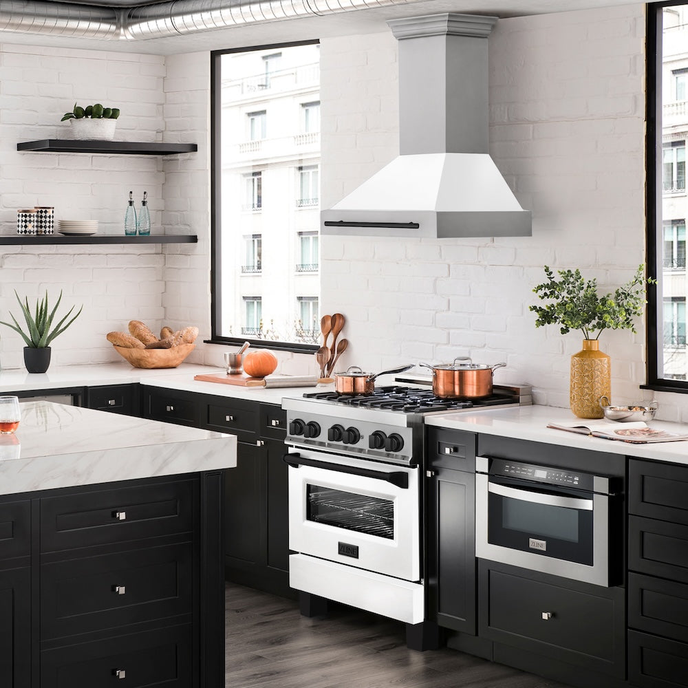 ZLINE Autograph Edition 30" Stainless Steel Range Hood with White Matte Shell and Matte Black Handle (8654STZ-WM30-MB)