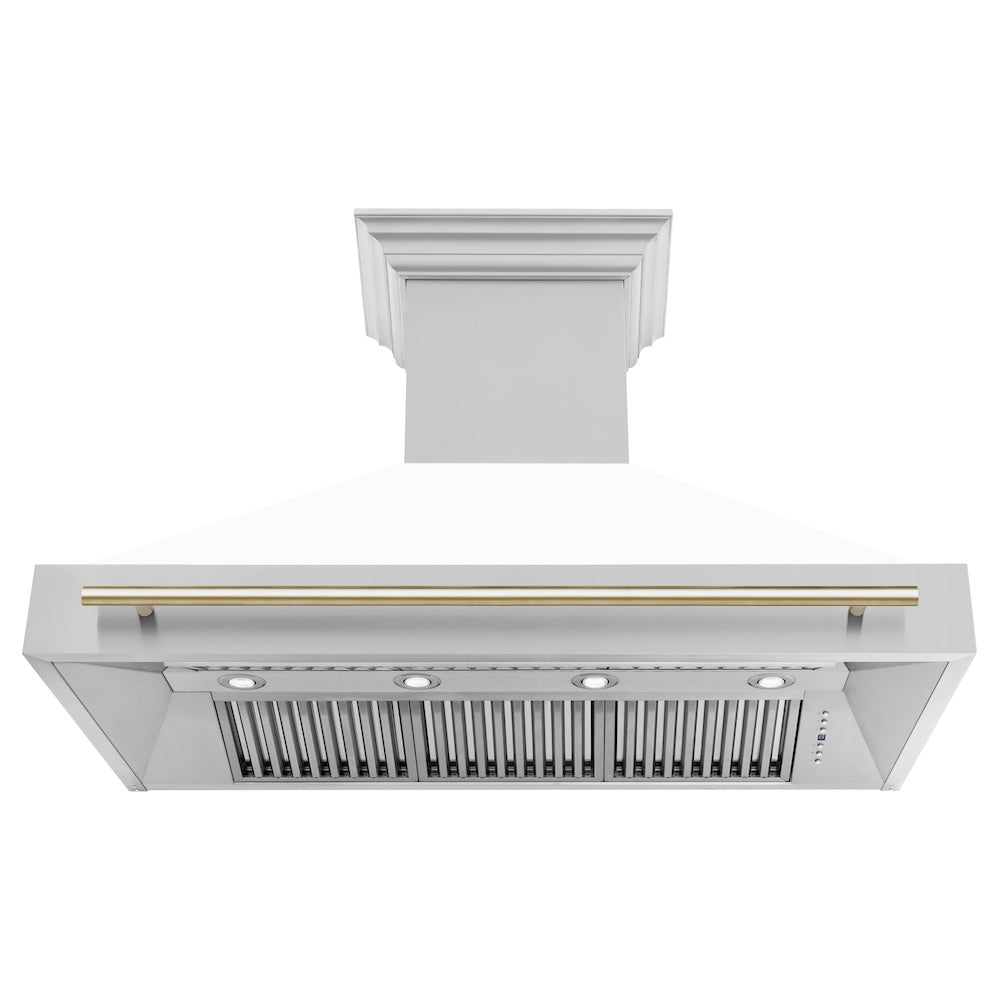 ZLINE Autograph Edition 48" Stainless Steel Range Hood with White Matte Shell and Polished Gold Handle (8654STZ-WM48-G)