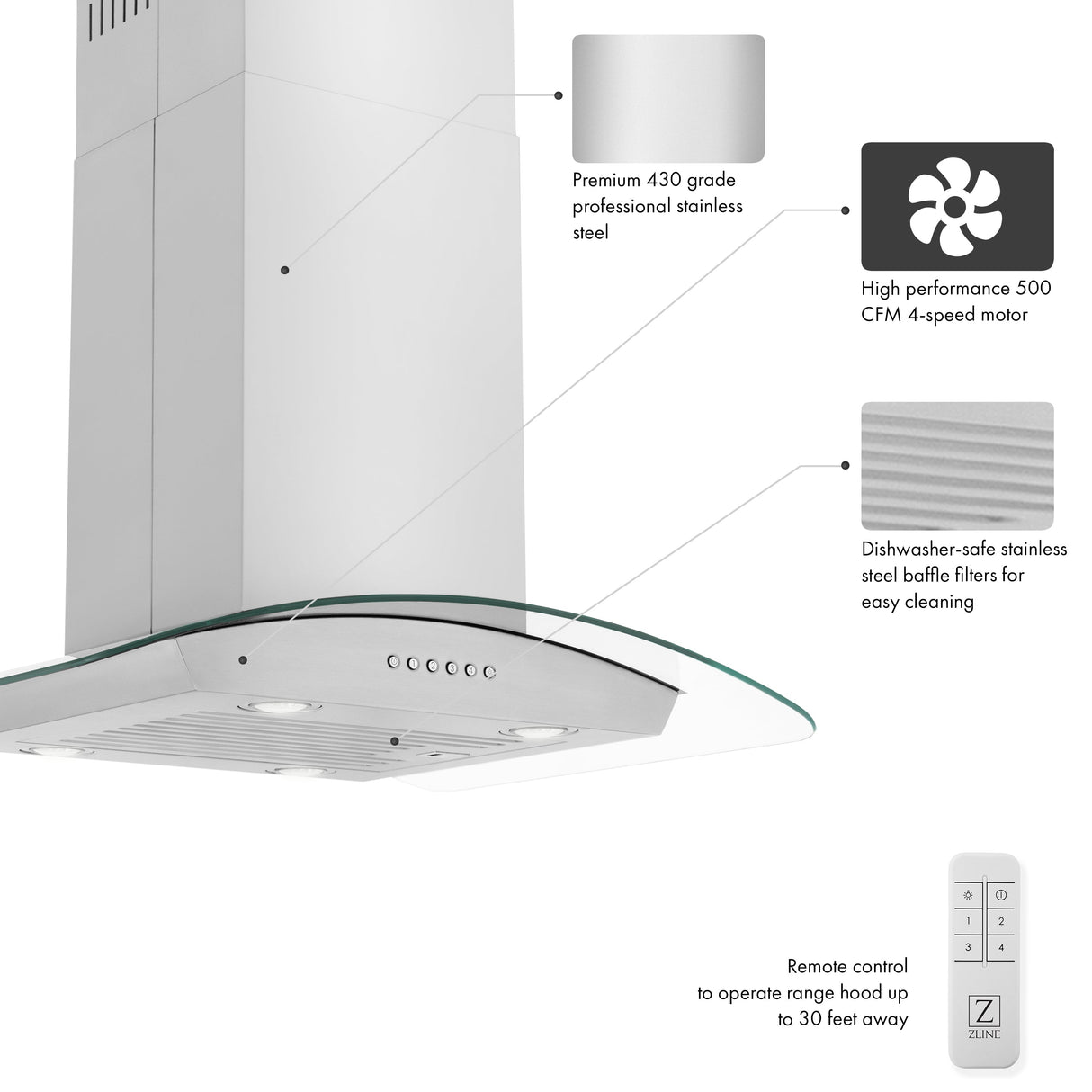 ZLINE 36” Alpine Series Convertible Island Mount Range Hood in Stainless Steel with Remote Control, LED lighting, and Dishwasher-Safe Baffle Filters (ALP70IS-36)