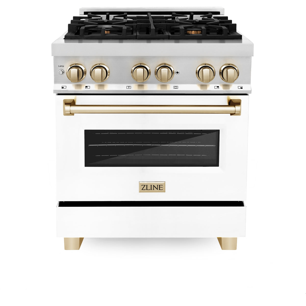 ZLINE Autograph Edition 30 in. 4.0 cu. ft. Legacy Dual Fuel Range with 4 Burner Gas Cooktop and Electric Convection Oven in Stainless Steel with White Matte Door and Polished Gold Accents (RAZ-WM-30-G)