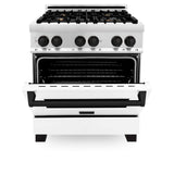 ZLINE Autograph Edition 30 in. Kitchen Package with Stainless Steel Dual Fuel Range with White Matte Door, Range Hood and Dishwasher with Matte Black Accents (3AKP-RAWMRHDWM30-MB)