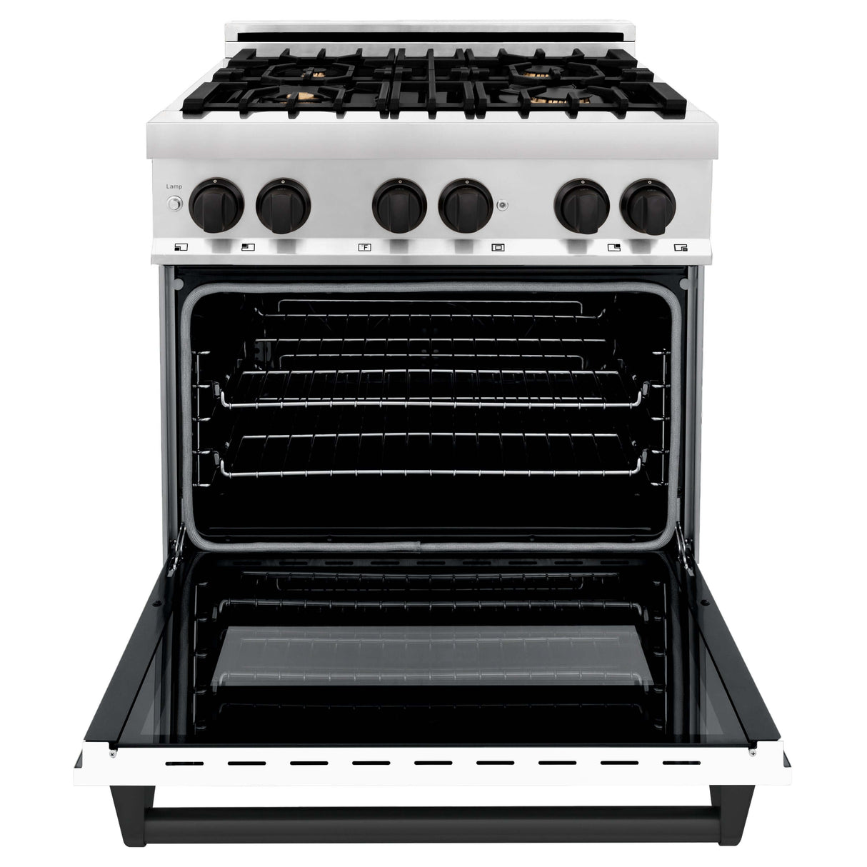 ZLINE Autograph Edition 30 in. Kitchen Package with Stainless Steel Dual Fuel Range with White Matte Door and Range Hood with Matte Black Accents (2AKP-RAWMRH30-MB)