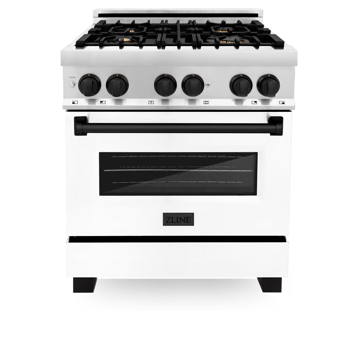 ZLINE Autograph Edition 30 in. 4.0 cu. ft. Legacy Dual Fuel Range with 4 Burner Gas Cooktop and Electric Convection Oven in Stainless Steel with White Matte Door and Matte Black Accents (RAZ-WM-30-MB)
