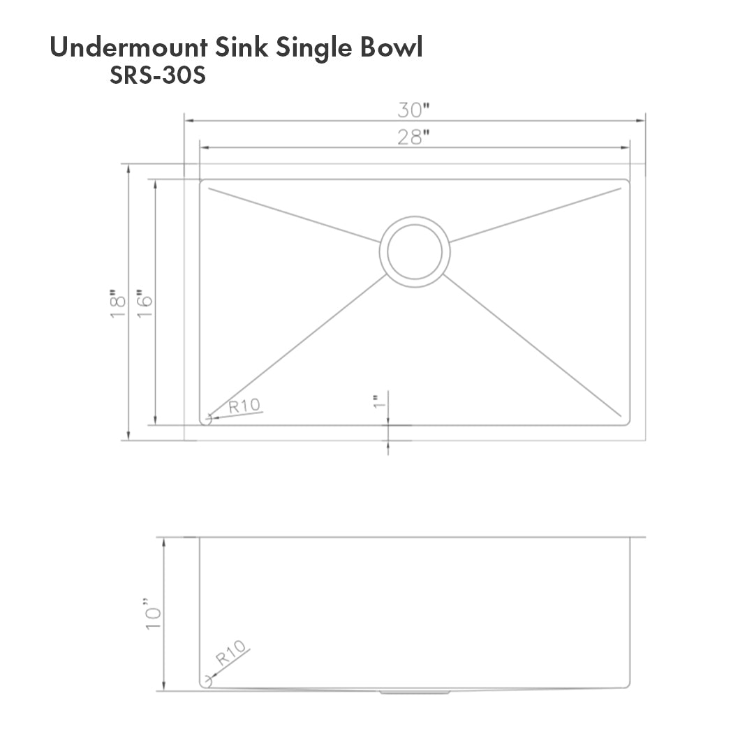 ZLINE 30 in. Meribel Undermount Single Bowl Stainless Steel Kitchen Sink with Bottom Grid (SRS-30)