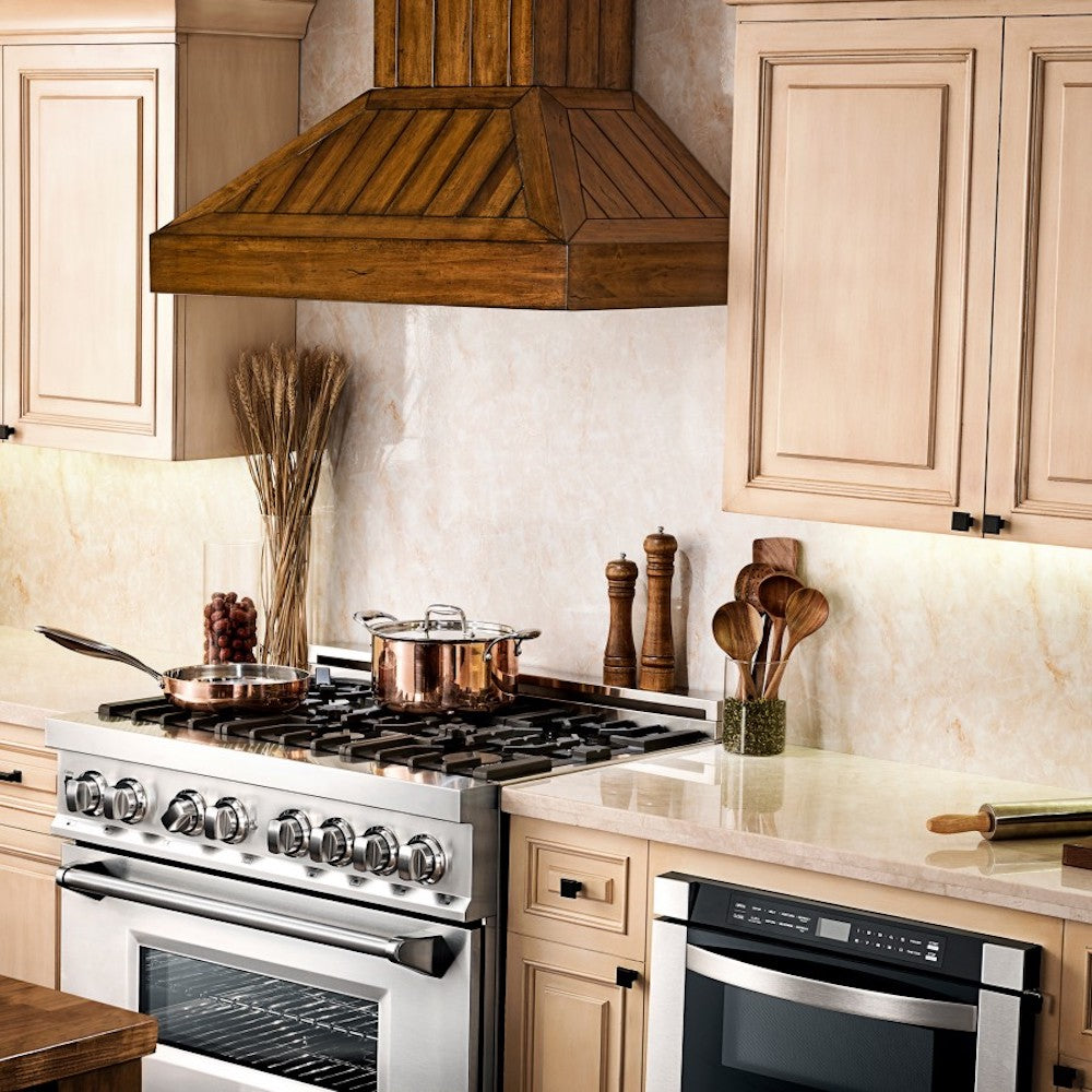 ZLINE 36" Wooden Convertible Vent Wall Mount Range Hood in Rustic Light Finish - Includes Motor (KPLL-36)