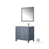 Jacques 36" Dark Grey Single Vanity, White Carrara Marble Top, White Square Sink and 34" Mirror w/ Faucet - Right Version
