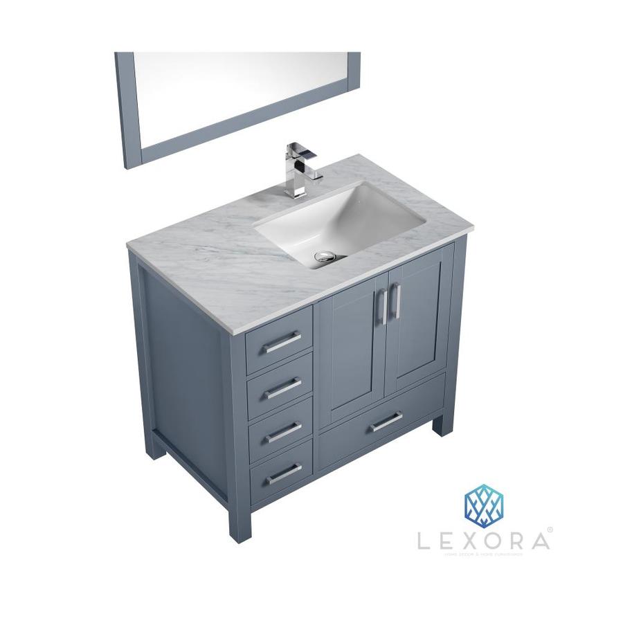 Jacques 36" Dark Grey Single Vanity, White Carrara Marble Top, White Square Sink and 34" Mirror w/ Faucet - Right Version