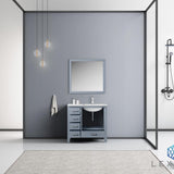 Jacques 36" Dark Grey Single Vanity, White Carrara Marble Top, White Square Sink and 34" Mirror w/ Faucet - Right Version