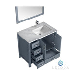 Jacques 36" Dark Grey Single Vanity, White Carrara Marble Top, White Square Sink and 34" Mirror w/ Faucet - Right Version