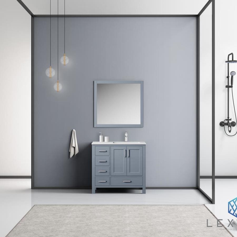 Jacques 36" Dark Grey Single Vanity, White Carrara Marble Top, White Square Sink and 34" Mirror w/ Faucet - Right Version