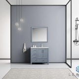 Jacques 36" Dark Grey Single Vanity, White Carrara Marble Top, White Square Sink and 34" Mirror w/ Faucet - Right Version