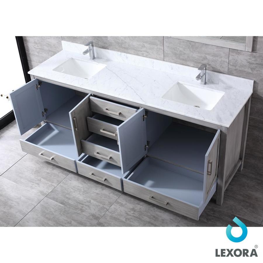 Jacques 80" Distressed Grey Double Vanity, White Carrara Marble Top, White Square Sinks and Mirrors w/ Faucets