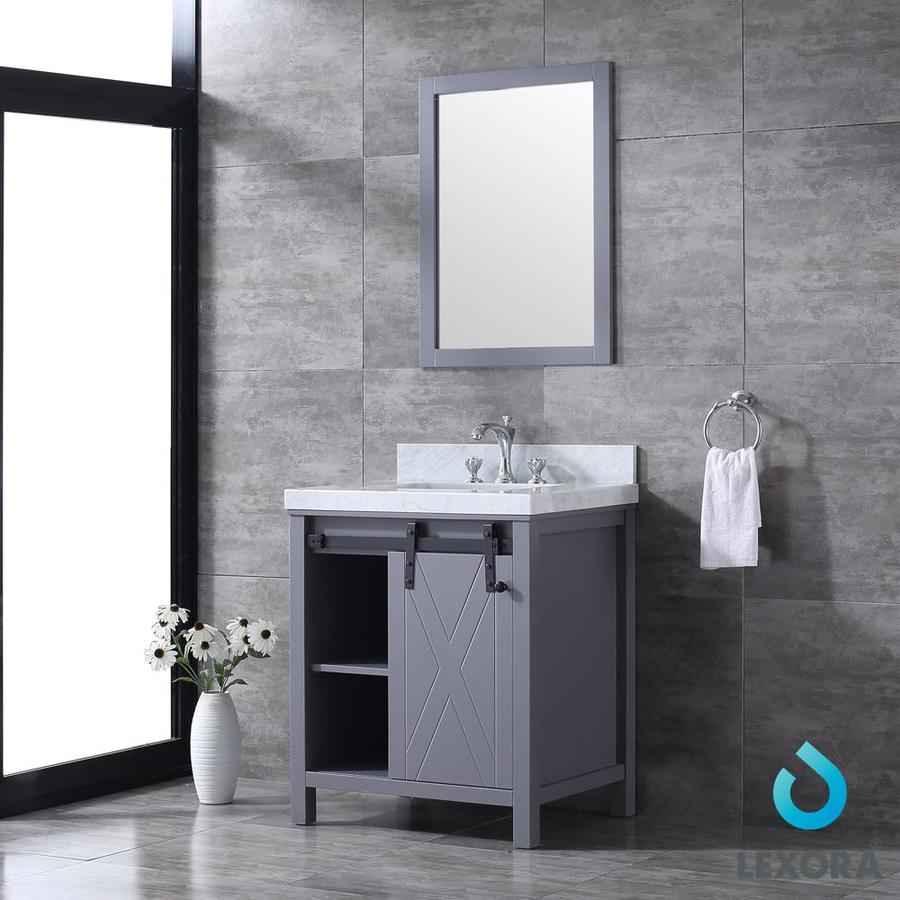 Marsyas 30" Dark Grey Single Vanity, White Carrara Marble Top, White Square Sink and 28" Mirror w/ Faucet