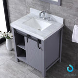 Marsyas 30" Dark Grey Single Vanity, White Carrara Marble Top, White Square Sink and 28" Mirror w/ Faucet